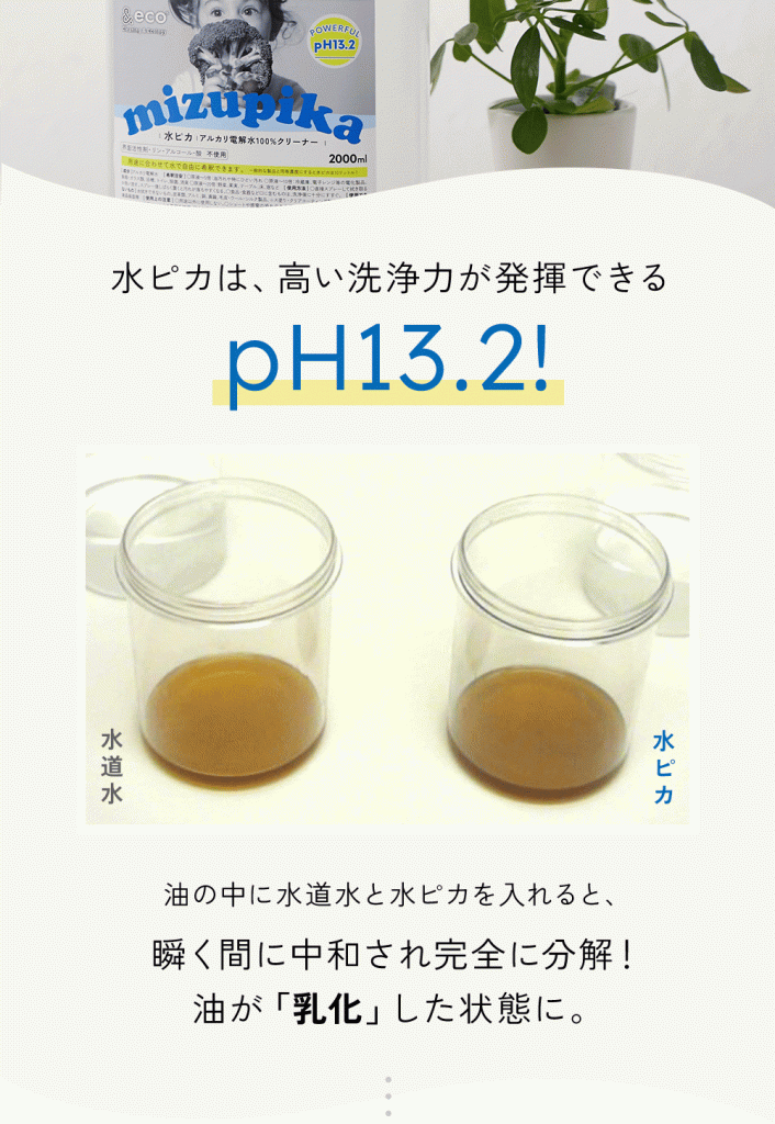 油の中に水ピカを入れると、瞬く間に油が「乳化」します！