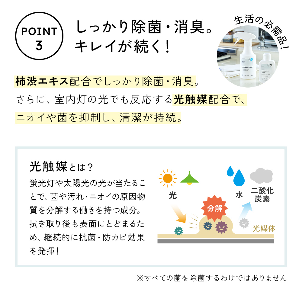 柿渋エキス配合でしっかり除菌・消臭。さらに、室内灯の光でも機能する光触媒配合で、ニオイや菌を抑制し、清潔が持続します。