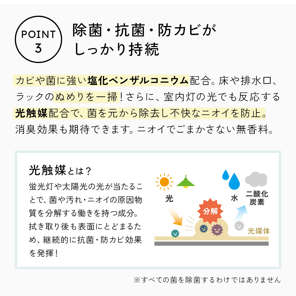 除菌・抗菌・防カビがしっかり持続。カビや菌に強い塩化ベンザルコニウム配合。床や排水口、ラックのぬめりを一掃!さらに室内灯の光でも反応する光触媒配合で、菌を除去して不快なニオイを防止。消臭効果も期待できます。香りでごまかさない無香料。